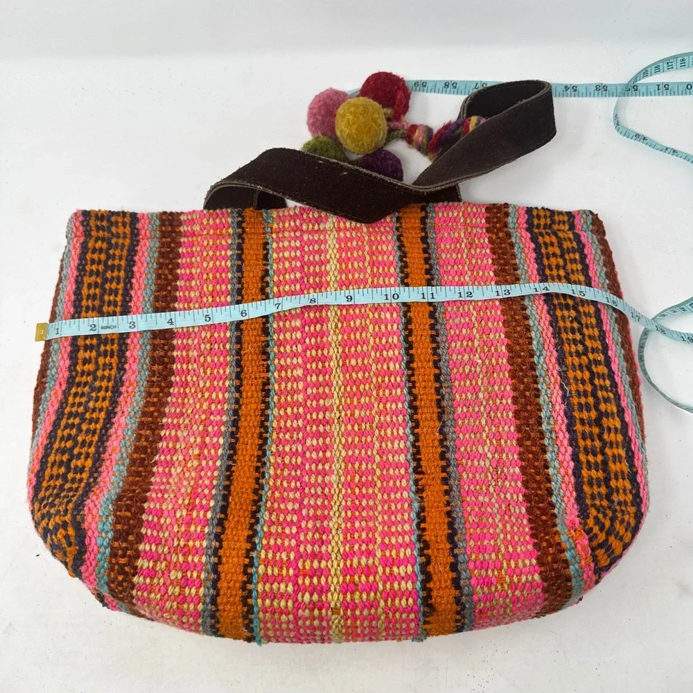 Peruvian Connection Handwoven Tote Bag Pink Striped Wool Pom Pom Boho Artisan
